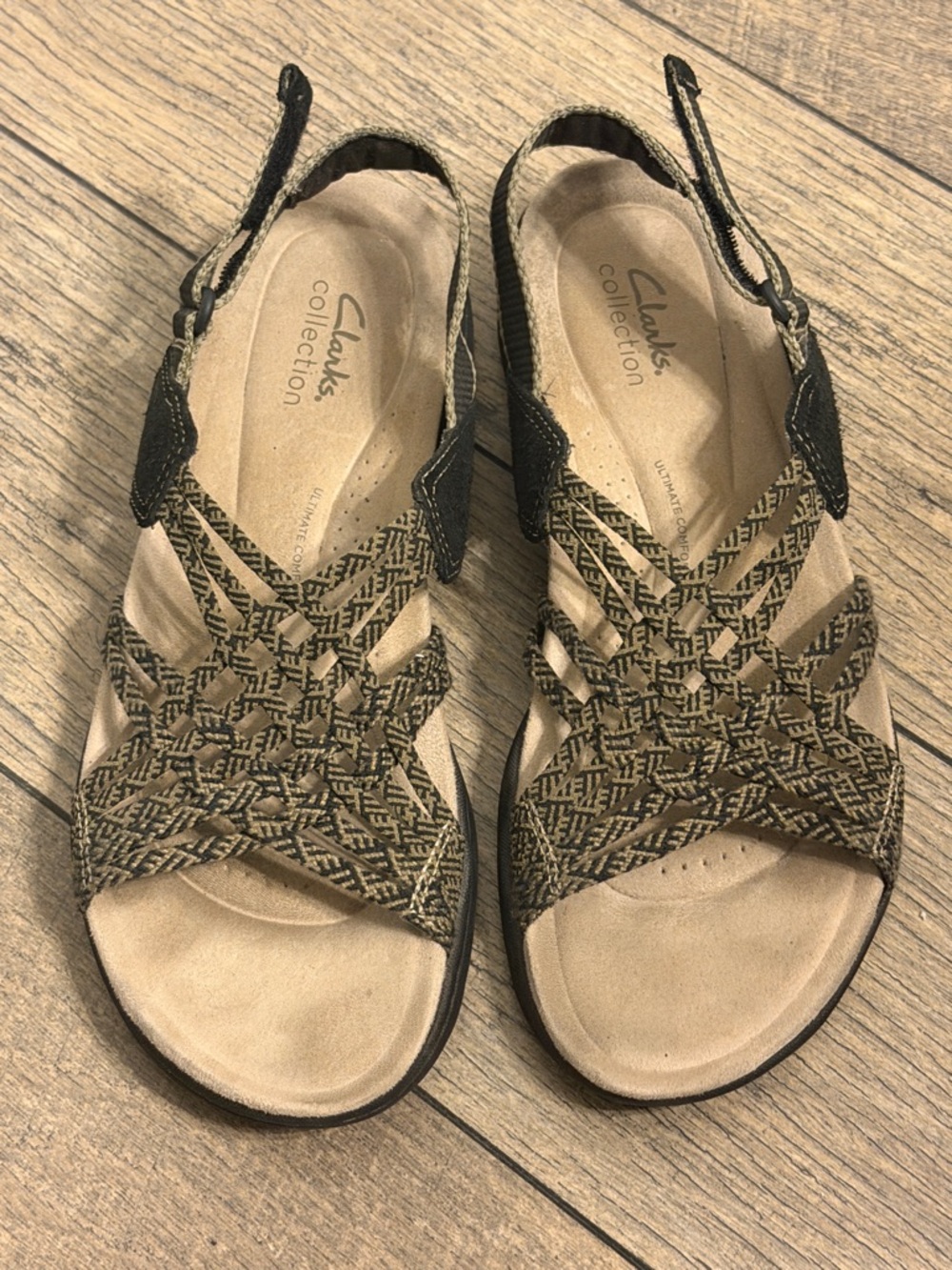 Clarks Woven Black and Tan Slingback Sandals